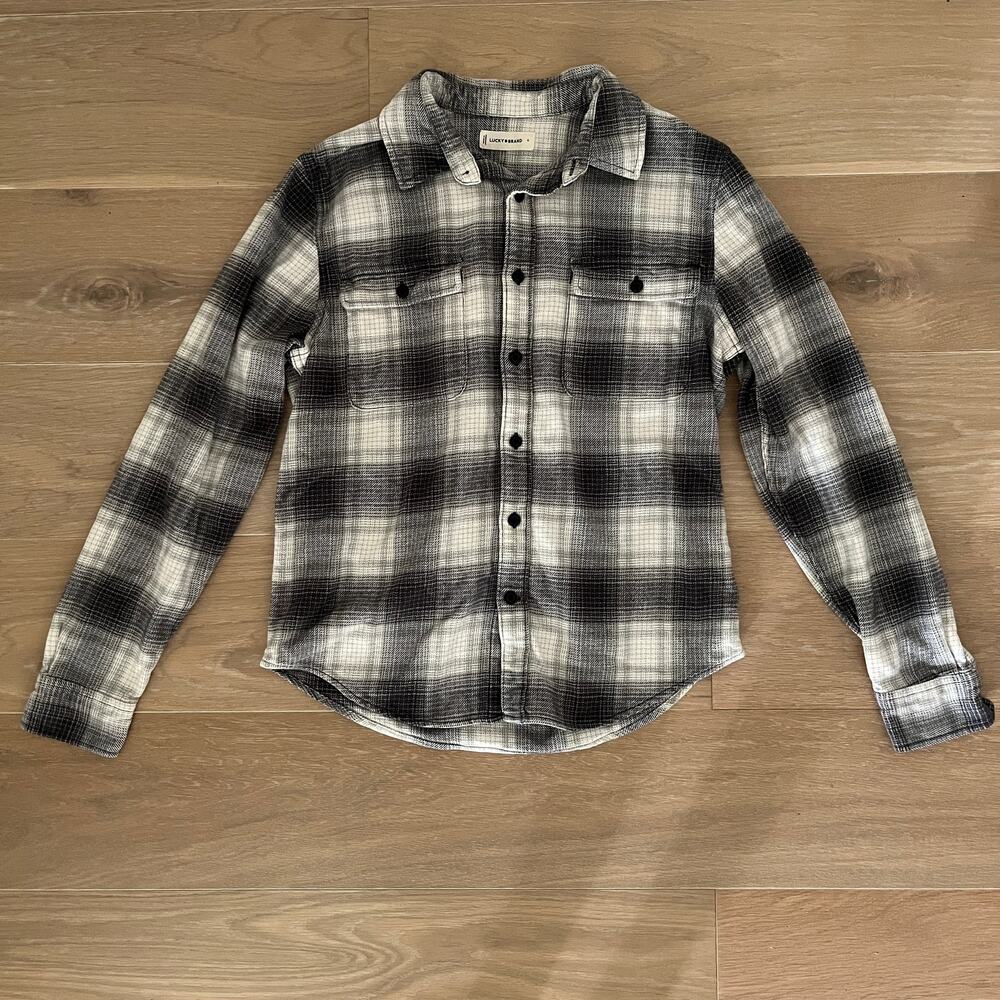 Lucky Brand Men's Plaid Flannel Workwear Button-Up Shirt Small Gray White